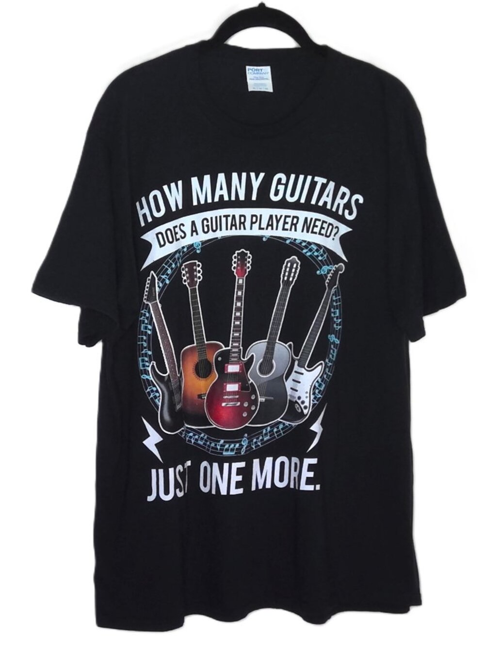 How Many Guitars Just One More Graphic Tee Black Shrt Sleeve 100% Cotton Sz XL